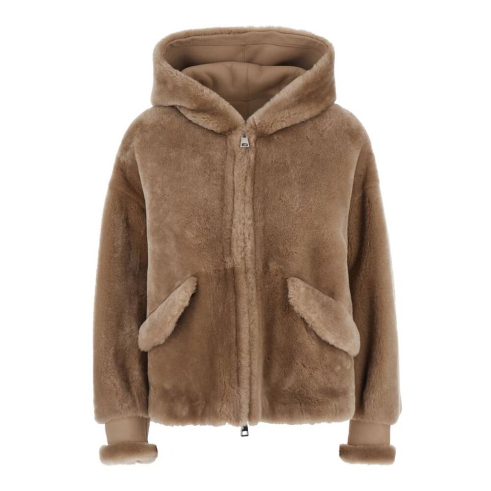 Blancha Women Beige Jacket With Fixed Hood And Side Pockets In Fur For Women
